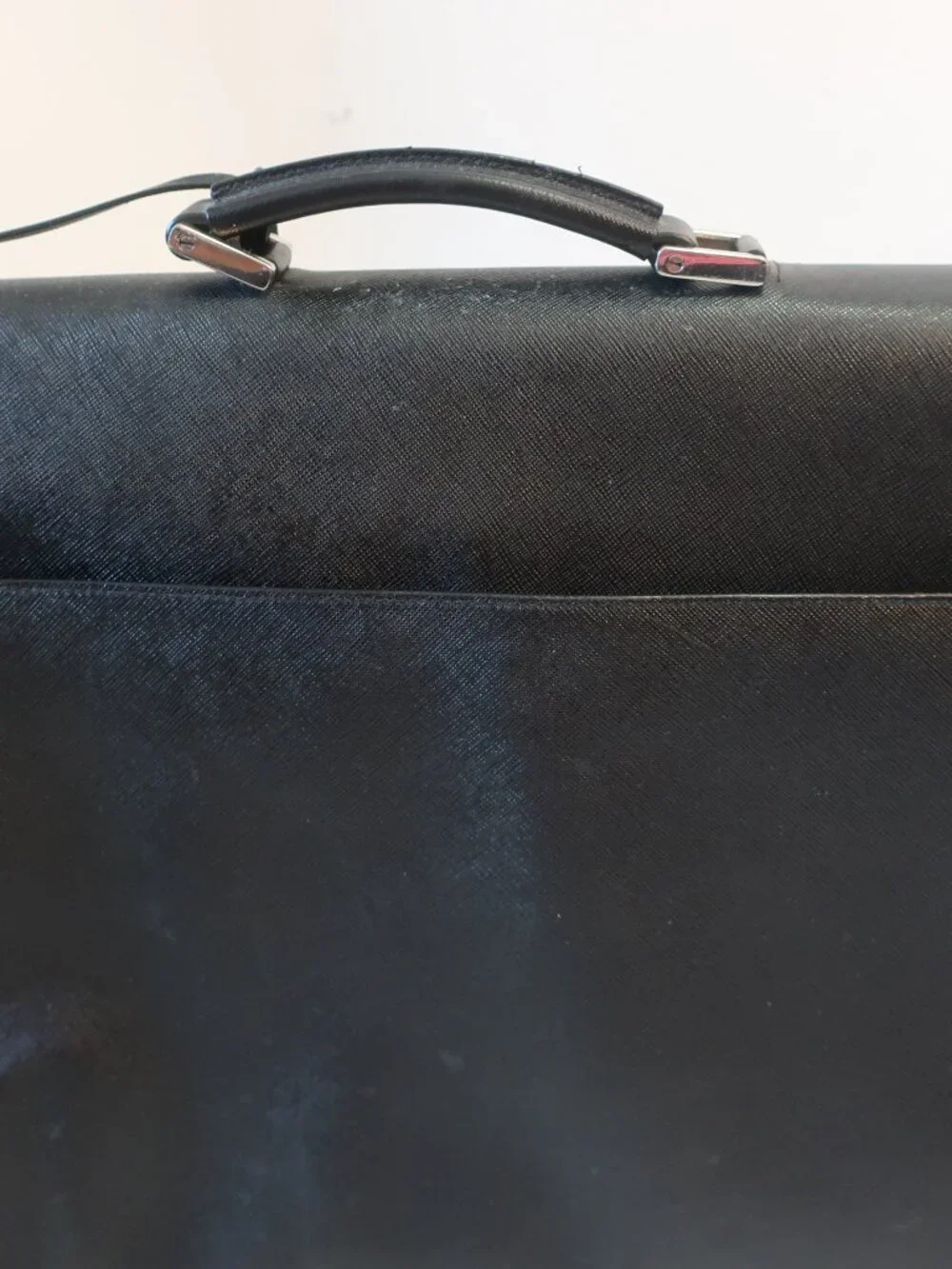 Authentic Mens Prada Saffiano Grained Leather Black Key Lock Cartella Briefcase